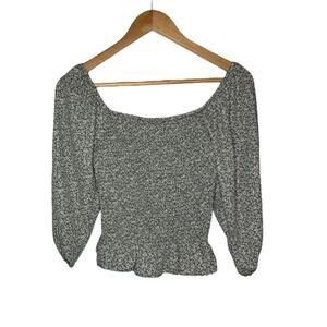 Paper Crane Green White Floral Smocked Ruffle Puff Sleeve Top Stretchy